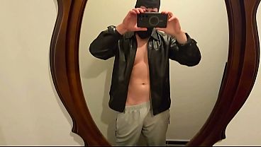 Image PhantomGentX Leatherjacket Mirror Cum! Hot Master Strokes & Explodes Huge Load On White Shirt