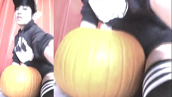 Image SFW Jon Arteen sexy twink emo femboy carves a Halloween pumpkin in his underwear Jack-o'-Lantern