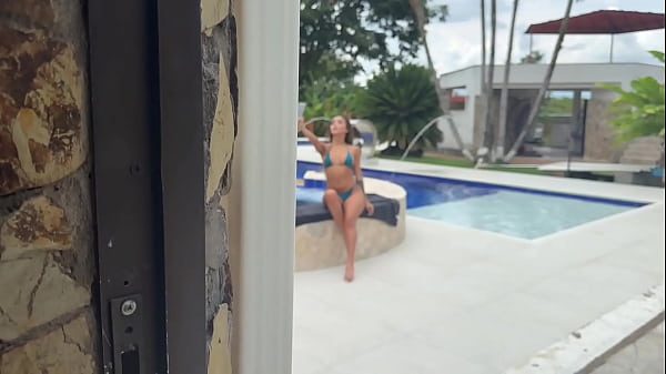 Image Voyeur! My stepbrother gets hard watching me masturbate by the pool