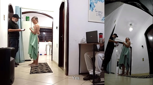 Image Real wife cheats on her husband while he's wearing headphones with the delivery man.