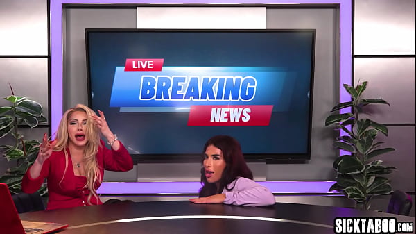 Image Two big cock shemales fucked black MILF Destiny Mira in the middle of the TV program