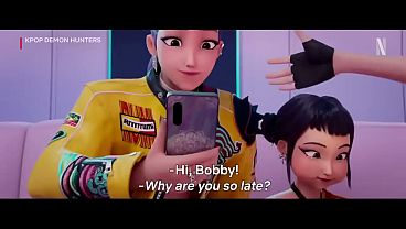 Image perro idiota del bobby interrumpiendo alas chicas de huntrix y cantan