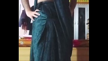 Image Indian Gay Crossdresser Bottom pressing and playing with her big boobs in black saree real homemade xxx sex