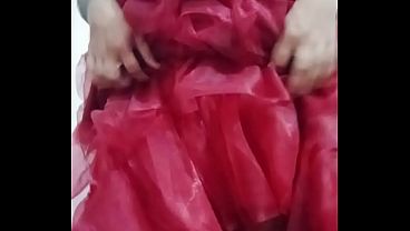 Image Indian gay Crossdresser Bottom pressing and playing with her big boobs in red gown real homemade sex