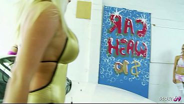 Image Black hair and blonde Bitches at Lesbian Group Sex at Car Wash to intense mutual Orgasm