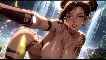 Image Chun li funny moment in a magical waterfall (AI animation)