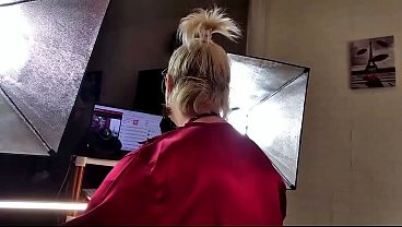Image Cock-lifting mature bitch Aimee Hot MILF: red, black, ponytail and cock in mouth!