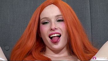 Image Horny slutty redhead Arielka fingers her shaved pussy and enjoys it with a sex toy.