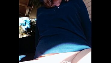 Image Maturemons, with top on and pants off , squats outdoors and shows meaty gaping cunt .
