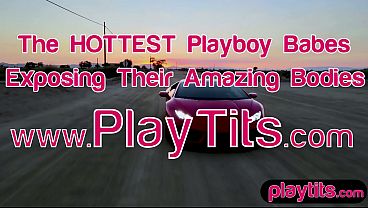 Image Big boobs gorgeous blonde MILF strips outdoors in her sports car