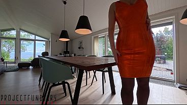 Image hot curvy lady in orange bodycon dress and stockings filled missionary with fresh cum - projectfundiary