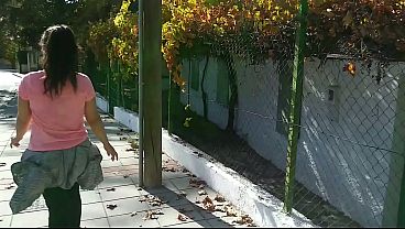 Image Horny brunette suck my dick in the street, risky outdoors