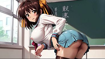 Image Haruhi Suzumiya (The Melancholy of Haruhi Suzumiya) 4on1 Gangbang with Double Penetration in a School Classroom - AI Generation Anal