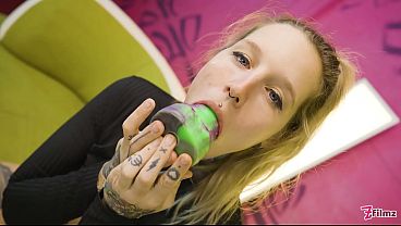 Image ALT Blonde Tattoo Slut Goes Wild with Massive Crazy Dildos