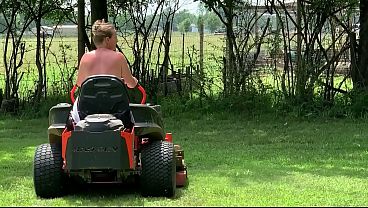 Image Neighbor, riding lawnmower, naked outdoors
