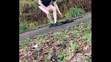 Image Getting little cock out on walking trail with cumshot