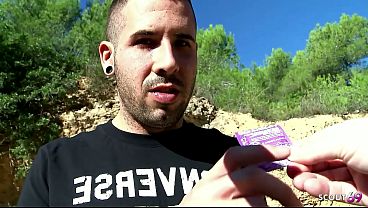 Image Curvy Big natural Bouncing Boobs Inked Girl Kimy Blue get hard outdoor Anal Sex and let him cum in mouth