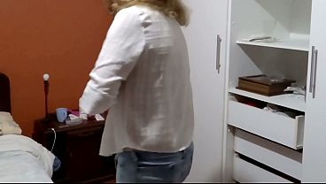 Image Stepmother pulls down her jeans and starts touching herself so I can masturbate.