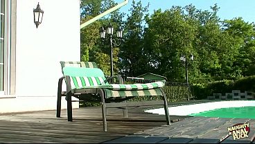 Image Blonde polishes herself by the outdoor pool as her boyfriend arrives for doggy style anal.