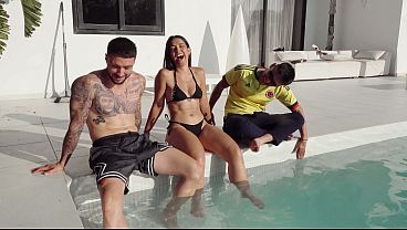 Image Spanish Brunette's Pussy Can Fit Two Cocks at Once, Threesome in the Pool - Nuria Millan