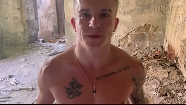 Image A gullible twink services a big-dicked man in an abandoned building and gets a big load of cum on his face.