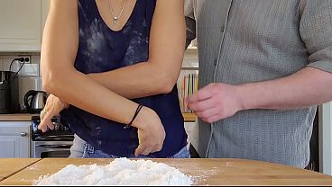 Image Hot wife with amazing natural tits gets her pussy filled while working in the kitchen.