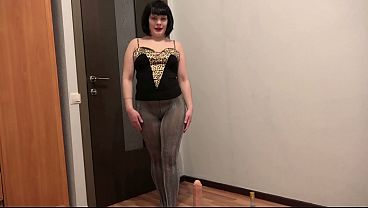 Image A huge dildo fucks my anal. A brunette with a beautiful ass takes off her pantyhose and masturbates.