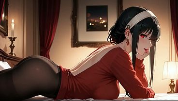 Image Yor Forger sex in the bedroom. Yor Forger like to be a slut. Hentai cosplay (AI-generated)