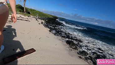 Image Pretty girlfriend nude and sucking dick on a public beach