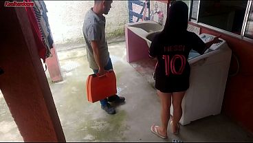 Image Married housewife pays washing machine repairman with her buttocks while husband is away.