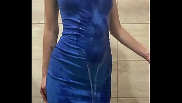 Image Hot Girl in Blue Dress Fingers Pussy to Orgasm in Shower