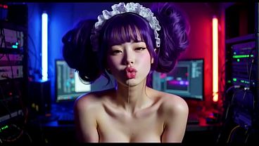 Image A lovely Asian girl in a cyberpunk computer room office, Ai animation