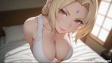 Image Tsunade's stepmother accidentally saw her stepson's huge penis and couldn't resist. Tsunade hentai cosplay (AI-generated)