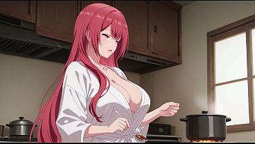 Image Stepson Came Home Early and Caught Dad's Wife Cooking in a Tiny Robe. Kureha Enomoto Hentai Cosplay (AI-generated)