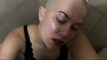 Image Bald chick blows a dick in the club Party restroom