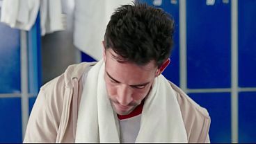 Image Tattooed Latina Cheerleader Handles Three Cocks in the Locker Room