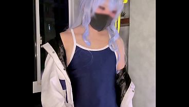Image femboy suisei cosplayer in school swimsuit uses automated stroker and cums