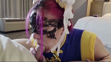 Image Wife in Chun Li cosplay blowjob with cum swallow