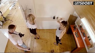 Image Lesbian Photo Shoot Gets Handsy... Tattooed Blonde and Brunette Grab Each Other's Tits on Set