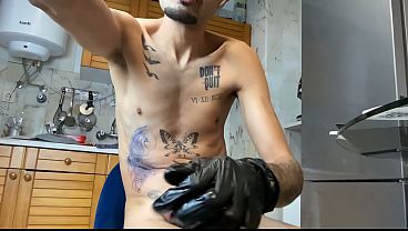 Image Skinny guy with a big, thick dick getting a tattoo and then jerking off.