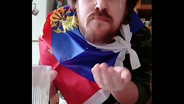 Image Big Russian cock cums during masturbation! Fresh cum in the mouth and on the face of this hungry gay man